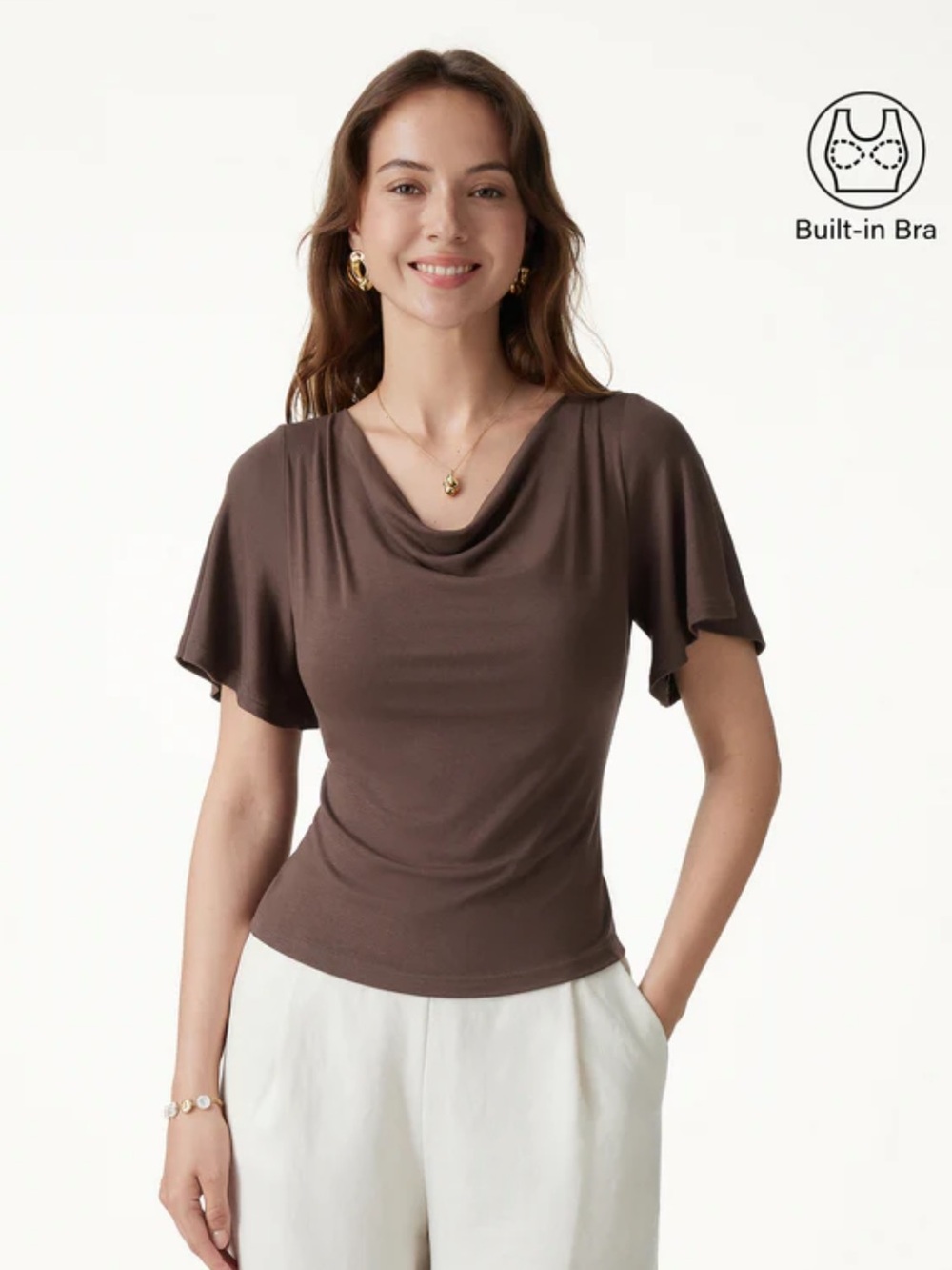 NWT OGL Move Cowl Neck Flutter Sleeve Bra Top - Brown